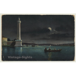 Unidentified Lighthouse - Full Moon - Rowboat (Vintage Postcard)