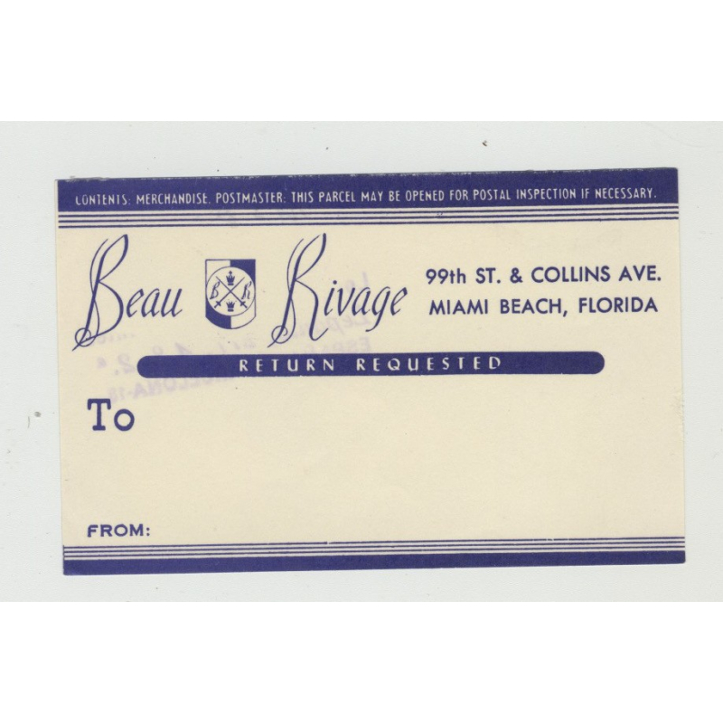 Beau Rivage - Miami Beach, Florida / USA (Vintage Postal Label) Beau Rivage - Miami Beach, Florida / USA (Vintage Postal Label)