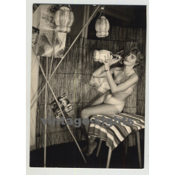 Mature Blonde Nude W. Tan Lines In Bambus House  (Vintage Amateur Photo 1950s)