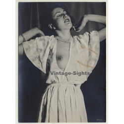 Quinio - Elmerich: Woman In Unbuttoned Blouse / Breast Peak (Photo France ~1950s)