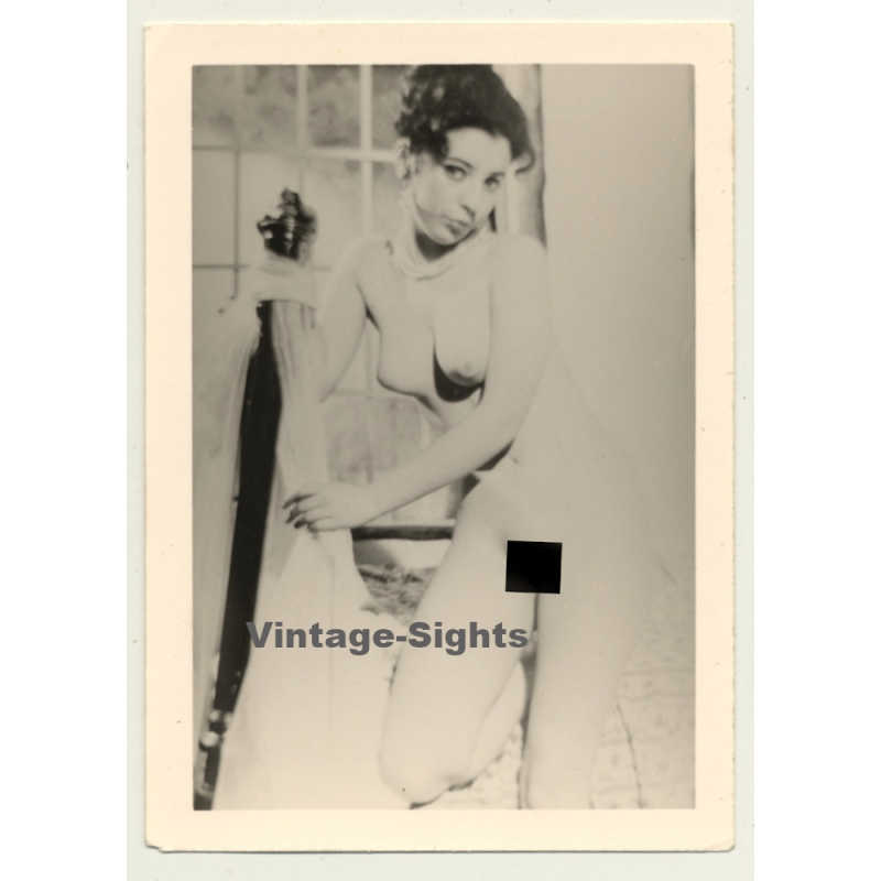 Sweet Pale Nude Holds On To Bed Post (Vintage Photo 2nd Gen B/W ~ 50s)