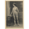 French Nude At Side Table / Boudoir - Waterwave (Vintage PC ~1900s)