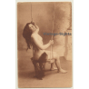 Longhaired French Nude On Swing / Boudoir (Vintage PC ~1900s)