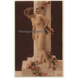 French Nude Poses Next To Pillar *1 / Boudoir (Vintage PC ~1900s)