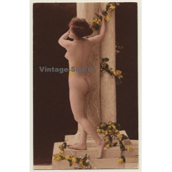 French Nude Poses Next To Pillar *3 / Boudoir (Vintage PC ~1900s)