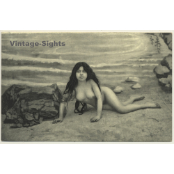 Nude Sea Nymph On Sea Shore / Boudoir (Vintage PC ~1900s/1910s)