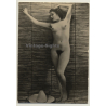 Brunette Nude In Front Of Bamboo Curtain / Sombrero (Vintage RPPC ~1950s)