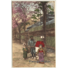 Japan: Mother & 2 Kids / Kimono - Sakura 桜 (Vintage Hand Tinted PC ~1910s)