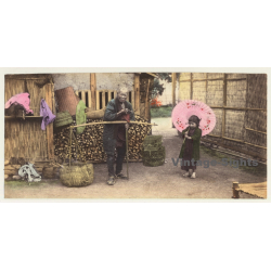 Japan: Old Men & Little Girl / Yoke - Wagasa 和傘 - Birdcage (Vintage Hand Tinted Photo?...