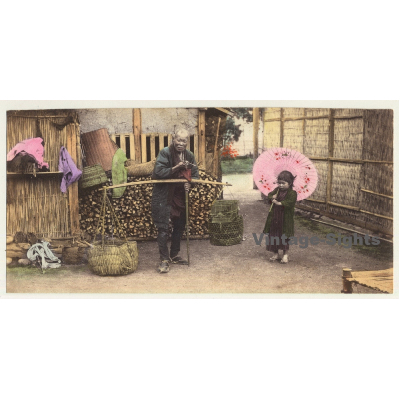 Japan: Old Men & Little Girl / Yoke - Wagasa 和傘 - Birdcage (Vintage Hand Tinted Photo? ~1910s)