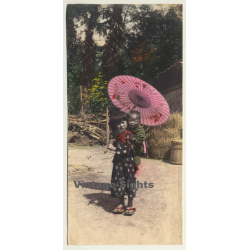Japan: Little Girl Carries Baby Brother / Geta 下駄 - Wagasa 和傘 (Vintage Hand Tinted Photo? ~1910s)