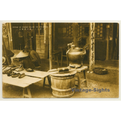 Japan: Street Merchant Sells Hot Water & Shoes (Vintage RPPC)