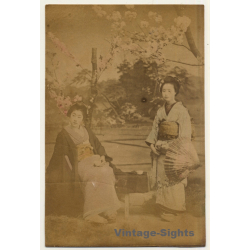 Japan: 2 Geishas *2 - Wagasa - Sakura / Meiji Era (Vintage Hand Tinted Photo ~1890s)