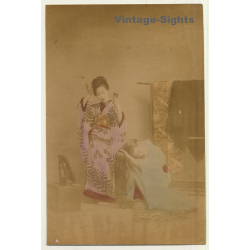 Japan: 2 Geishas Preparing Wareshinobu - Hair - Kimono / Meiji Era (Vintage Hand Tinted...