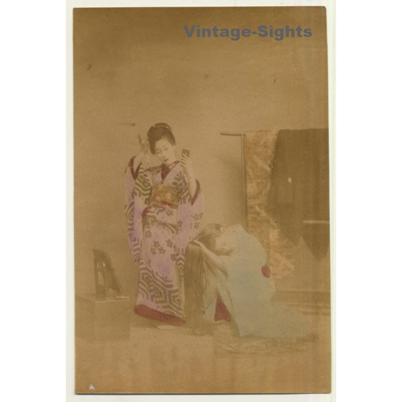 Japan: 2 Geishas Preparing Wareshinobu - Hair - Kimono / Meiji Era (Vintage Hand Tinted Photo ~1890s)