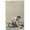 French Nudes Embraced On Floor / Hairy Armpits - Lesbian INT - Boudoir (Vintage PC ~1900s)