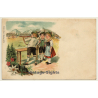 Kids In Bavarian Costumes / Air Rifle - Aunt Sally (Vintage Postcard Litho ~1900s)