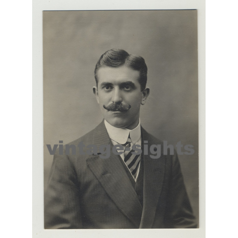 Well Styled Man W. Thick Moustache & Side Part (Vintage Photo 10s/20s Gay Int)