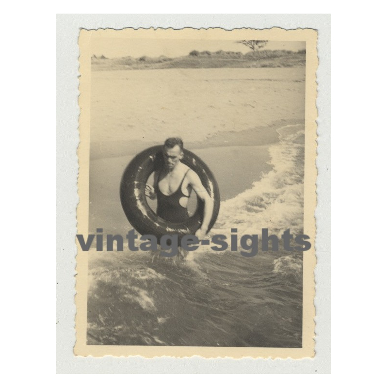 Handsome Man W. One Piece Swimsuit & Swim Ring (Vintage Photo 30s/40s Gay Int)