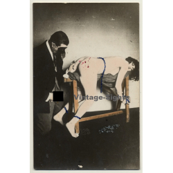 Master & Nude Maid Tied To Trestle / Hand Tinted - BDSM (Vintage RPPC ~1910s/1920s)