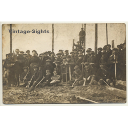 Large Group Of Belgian Workers / Shovels - Pickaxes (Vintage RPPC ~1910s/1920s)