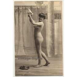 Classic French Nude Holds Bird / Boudoir (Vintage PC ~1910s/1920s)