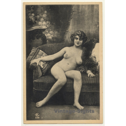 Busty French Nude On Couch / Fox Stole - Boudoir (Vintage PC ~1900s/1910s)