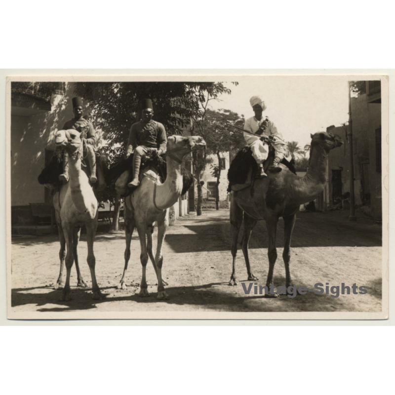 Luxor / Egypt: Gendarmerie On Camels / Street Scene (Vintage RPPC  ~1930s)