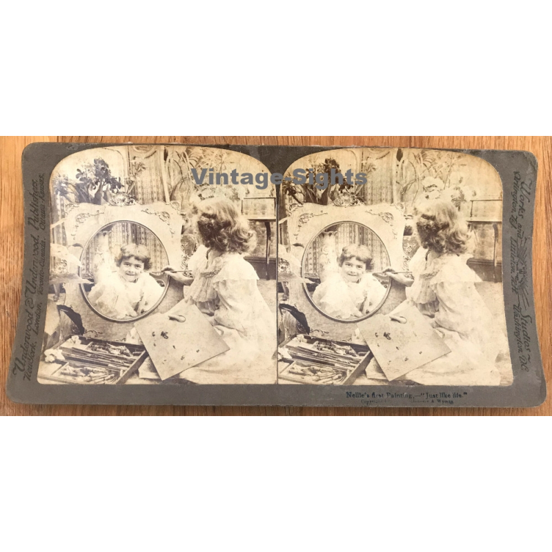 Nellie's First Painting - Just Like Life / Baby Girl (Vintage Stereo Photo 1902)