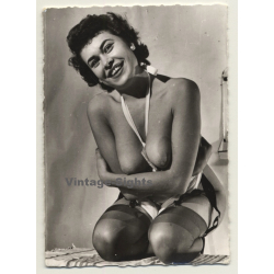 Happy Busty Semi Nude Kneels On Floor / Pin-Up (Vintage Photo ~1950s)