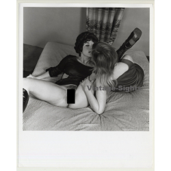 Semi Nude Girlfriends Kissing On Bed / Lesbian INT (Vintage Photo Master B/W ~1970s)