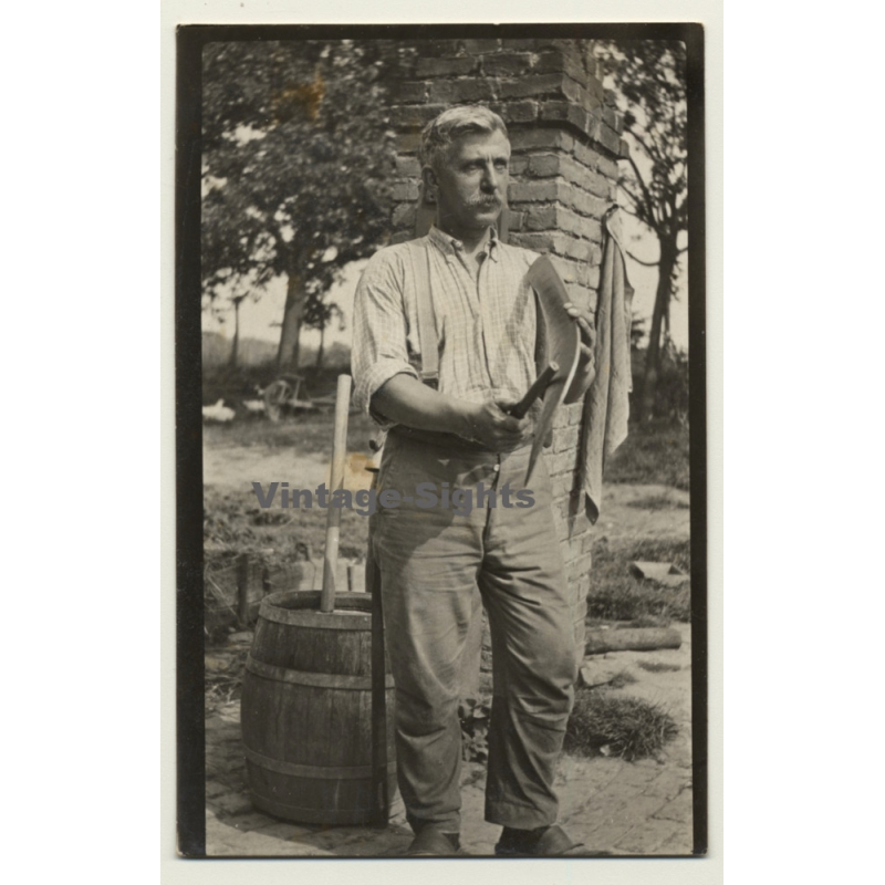 Belgian Farmer Grinds Scythe *2 / Wooden Barrel (Vintage Photo ~1930s/1940s)