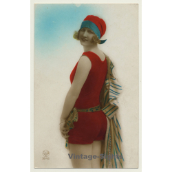 A. Noyer: Pretty Blonde Woman In Swimsuit / Boudoir - Risqué (Vintage Hand Tinted RPPC ~1920s/1930s)