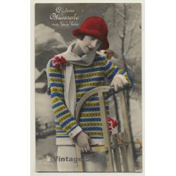 H. Ross: Pretty Girl W. Sledge / New Year's Greetings (Vintage Hand Tinted RPPC 1927)