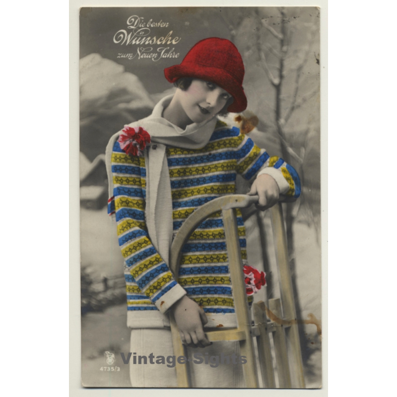 H. Ross: Pretty Girl W. Sledge / New Year's Greetings (Vintage Hand Tinted RPPC 1927) H. Ross: Pretty Girl W. Sledge / New Year's Greetings (Vintage Hand Tinted RPPC 1927)