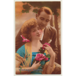 A. Noyer: Couple In Love / Flowers - Roses (Vintage Hand Tinted RPPC 1933)