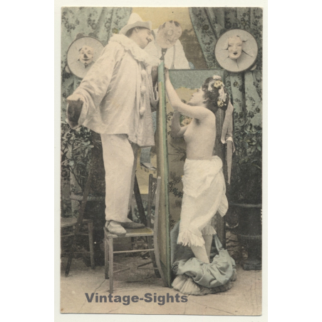 White Clown & Semi Nude Female / Boudoir - Risqué (Vintage PC ~1900s)