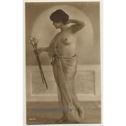 French Nude With Flowers / Toga - Boudoir - Risqué (Vintage RPPC ~1910s/1920s)