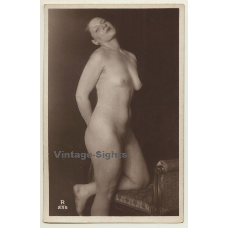 French Nude Kneels On Louis XVI Chair / Boudoir - Risqué (Vintage RPPC ~1910s/1920s)
