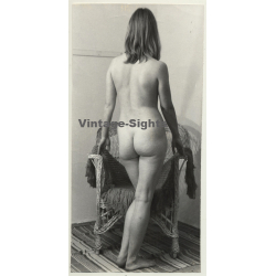 Natural Pretty Brunette Nude *2 / Rear View - Wicker Chair (Large Vintage Photo Germany ~ 1960s)