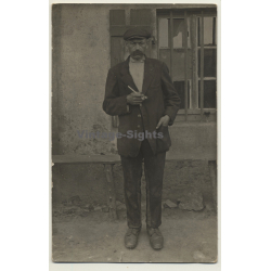 Strong Portrait Of Belgian Man With Big Moustache & Pipe (Vintage RPPC ~1910s/1920s)