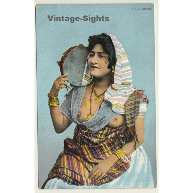 Maghreb: Fille Arabe - Tambourine / Semi Nude - Ethnic (Vintage PC ~1910s/1920s)