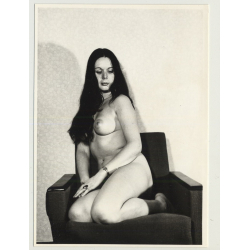 Longhaired Nude Female On 70s Lounge Chair / Perky Boobs (Vintage Amateur Photo)