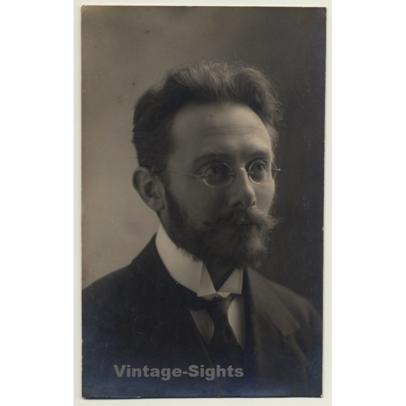 Portrait Of Unidentified Belgian Man *3 / Beard - Glasses (Vintage RPPC  ~1910s/1920s)