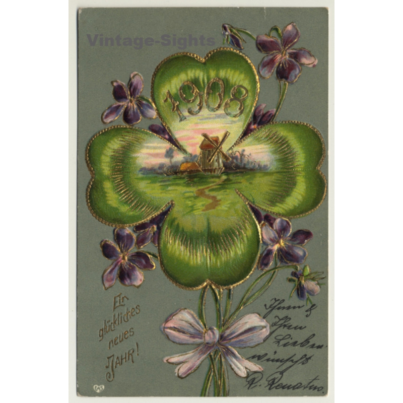 New Year Greetings: Windmill - Flowers (Vintage PC Germany 1908)