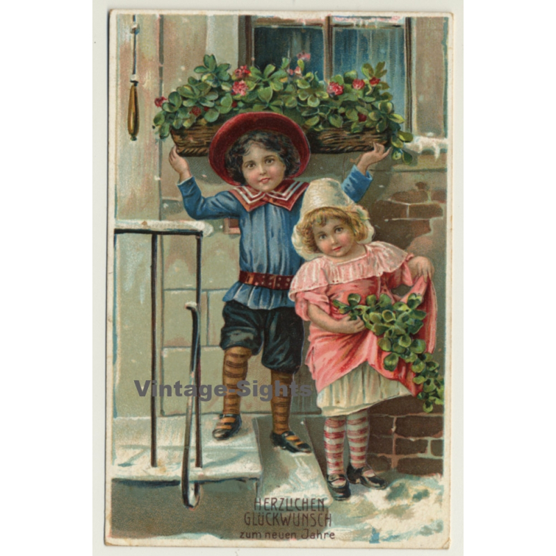 New Year Greetings: Young Kids In Costums (Vintage PC Germany 1913)