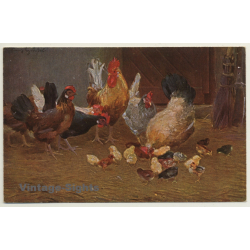 Rooster, Chicken & Chicks In Barn - Poultry (Vintage Artist PC)