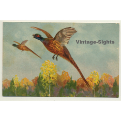 2 Flying Pheasants / Faisan - Poultry (Vintage Artist PC)