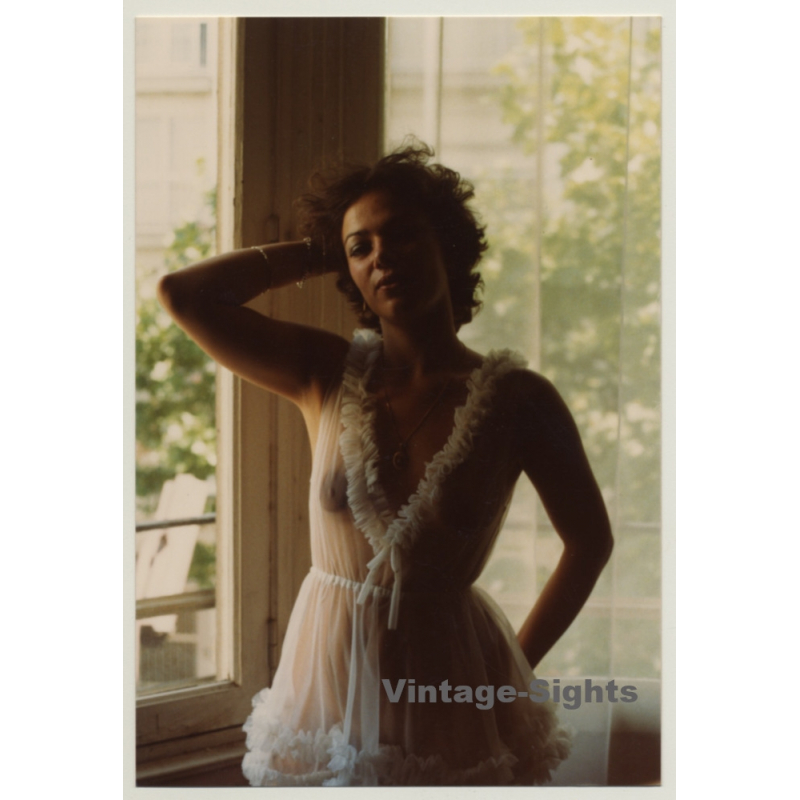 Darkskinned Female In Transparent Negligé / Boobs (Vintage Photo France 1990s)
