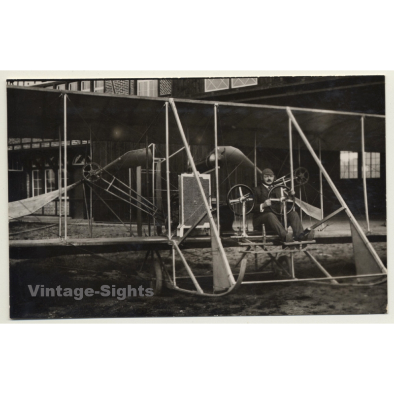 Pilot In Early Aircraft / Fluggerrät (Vintage RPPC ~1910s)